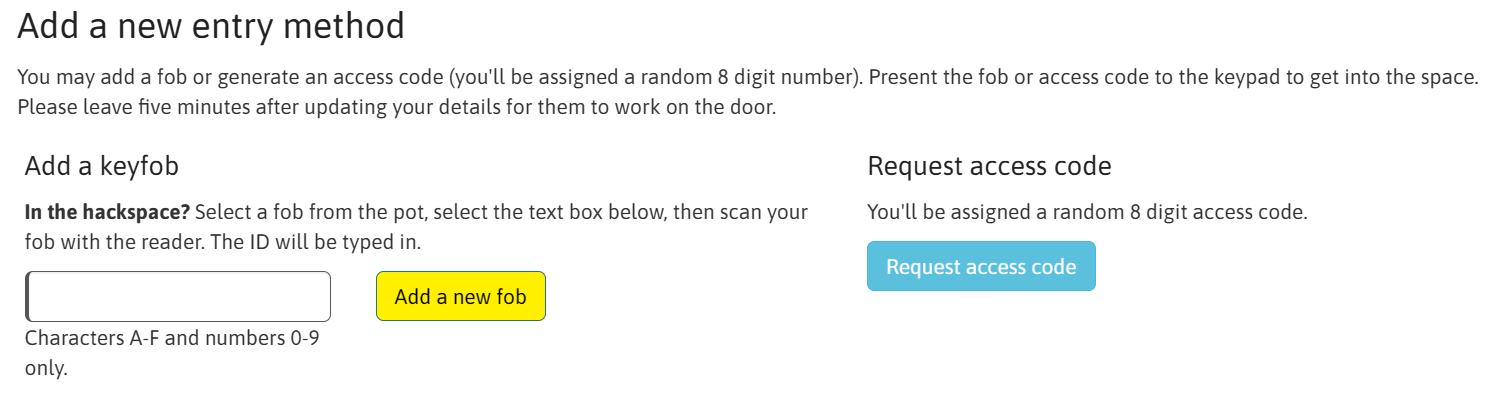 View of access setup on membership portal