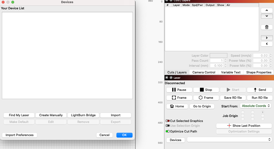 device setup screen in lightburn